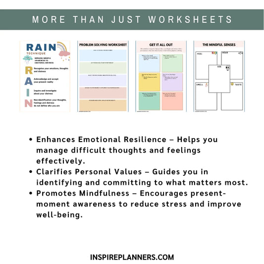 The “Acceptance and Commitment Therapy (ACT) Worksheets – Path to Acceptance (English)” infographic features worksheet previews and highlights benefits such as building emotional resilience, clarifying values, and practicing mindfulness. Website link included.