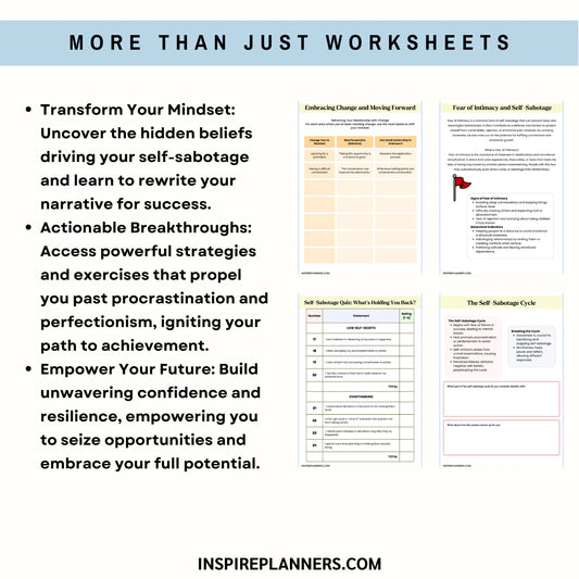 Infographic titled More Than Just Worksheets featuring key points on mindset, breakthroughs, and empowerment—plus previews of four Self-Sabotage Worksheets: Break Free from Your Own Barriers to help overcome procrastination and boost self-confidence. Inspireplanners.com at bottom.