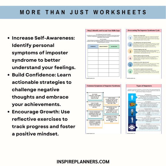 Four vibrant Imposter Syndrome Worksheets appear alongside tips for overcoming self-doubt, boosting confidence, and silencing your inner critic. Inspireplanners.com is featured at the bottom.