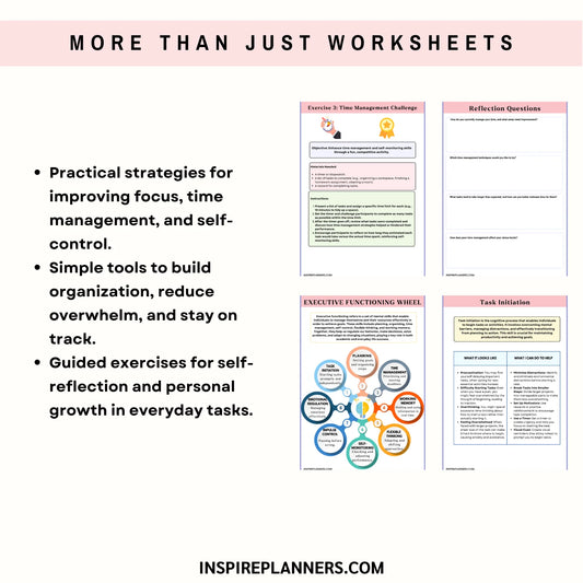 Image promoting the Executive Functioning Wheel Worksheets, showcasing bullet points on boosting focus, organization, and self-reflection. Features worksheet previews and a circular executive functioning wheel diagram.
