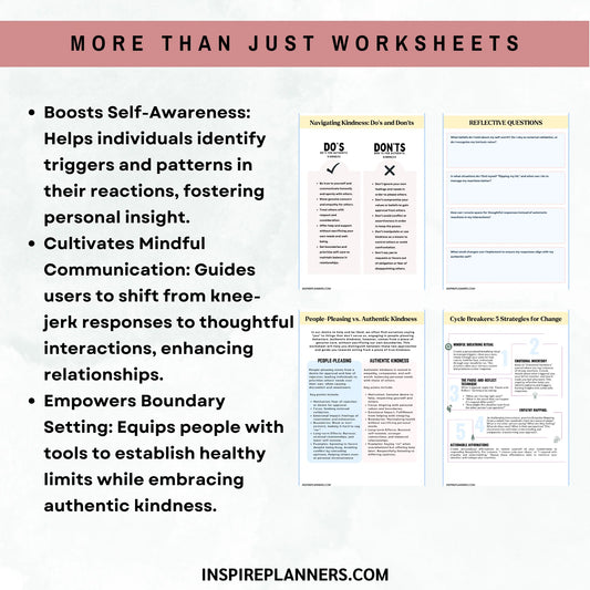 A graphic titled More Than Just Worksheets highlights the Reacting vs Responding Worksheets – Transform How You Handle Stress and Conflict, showing benefits like emotional control, self-awareness, mindful communication, and four worksheet previews.