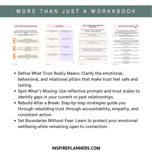 Workbook pages with text on trust and relationship building, featuring Inspire Planners.com branding.