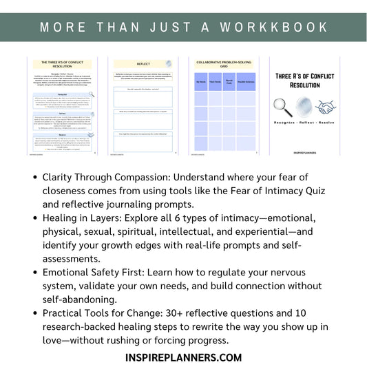 Workbook pages on conflict resolution and intimacy with text about tools and practices.