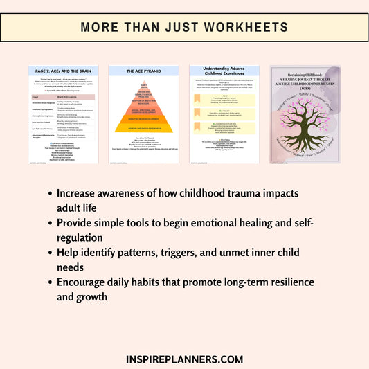 Adverse Childhood Experiences worksheets preview – ACE pyramid, trauma impact tools, and healing exercises to build resilience – printable instant download PDF
