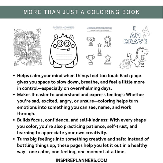 Worry Monster, Accomplishments and I Am Brave activities alongside an inspirational quote coloring page.