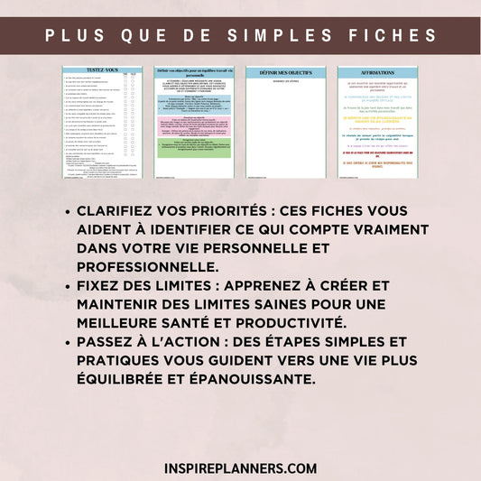 Aperçu des exercices sur l’équilibre travail-vie personnelle en français, avec autoévaluation, définition des objectifs et affirmations.
