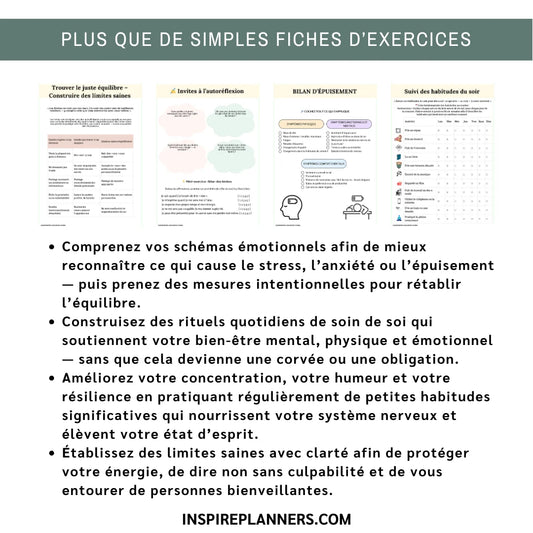Fiches d’exercices de santé mentale imprimables avec TCC, pleine conscience et suivi d’habitudes pour bien-être émotionnel.