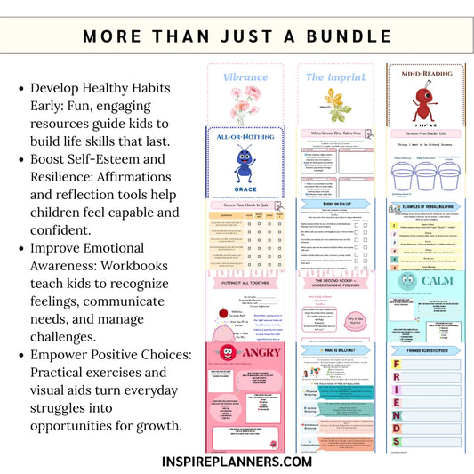Preview pages of kids life skills bundle – bullying prevention, emotions, affirmations, ANT cards, and calm corner worksheets.