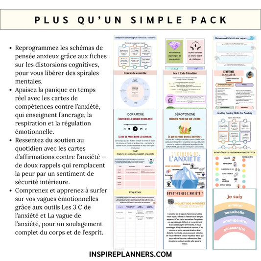 Aperçu du Pack Anxiété Méga : 7 ressources TCC, guides et cartes d'anxiété à imprimer (A4).
