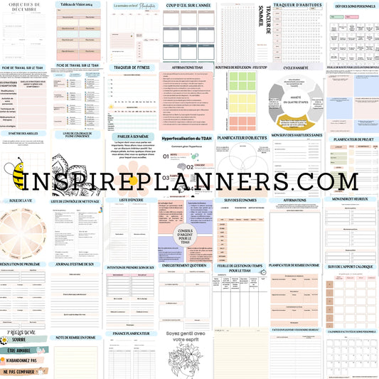 Mosaïque de pages du planificateur TDAH en français : organisation du temps, objectifs, sommeil, habitudes, budget et soin de soi.