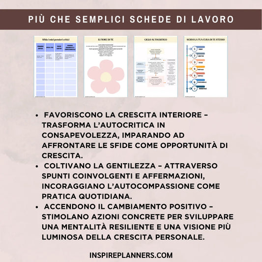 Quattro schede sull’autocompassione in italiano, con esercizi sui pensieri, un fiore da completare e un diagramma del ciclo autocritico.