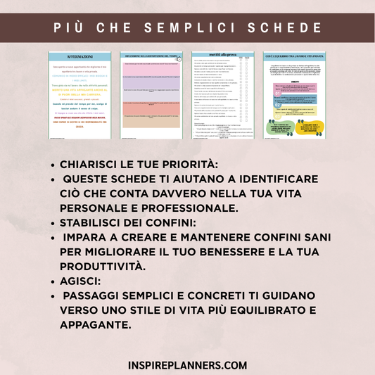 Anteprima delle schede sull’equilibrio vita-lavoro in italiano, con affermazioni ed esercizi sulle priorità e sui confini personali e professionali.