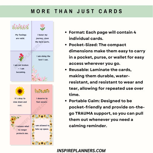 Trauma affirmation cards – pocket-sized printable coping tools with reusable calming reminders