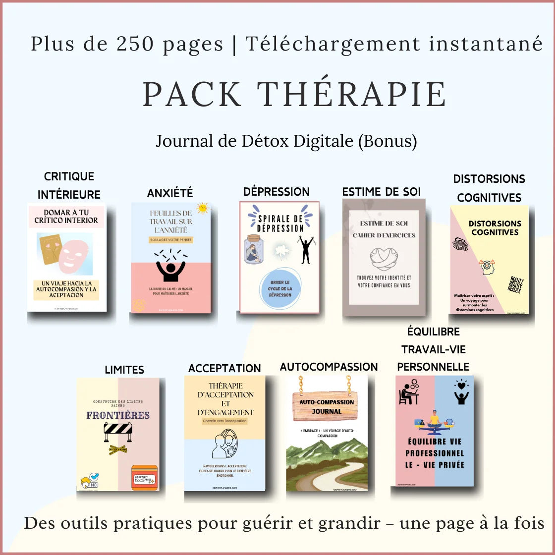 Pack Thérapeutique — 9 Cahiers d'Exercices TCC & ACT pour l'Anxiété, l'Estime de Soi & le Critique Intérieur - French