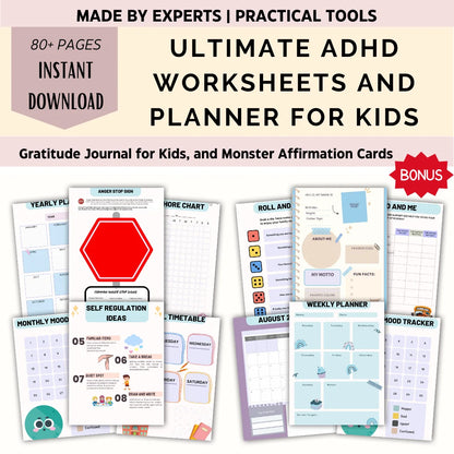 A promo graphic for the Ultimate ADHD Planner And Worksheets (Kids and Adults) - English shows sample pages like a weekly planner, mood tracker, self-regulation tips, and affirmations. Banner highlights 80+ pages in this instant download ADHD bundle.