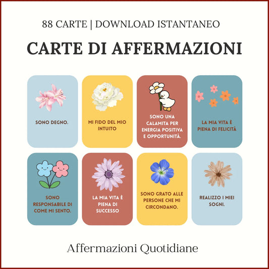 Set of affirmation cards with colorful designs and Italian affirmations on a red border.