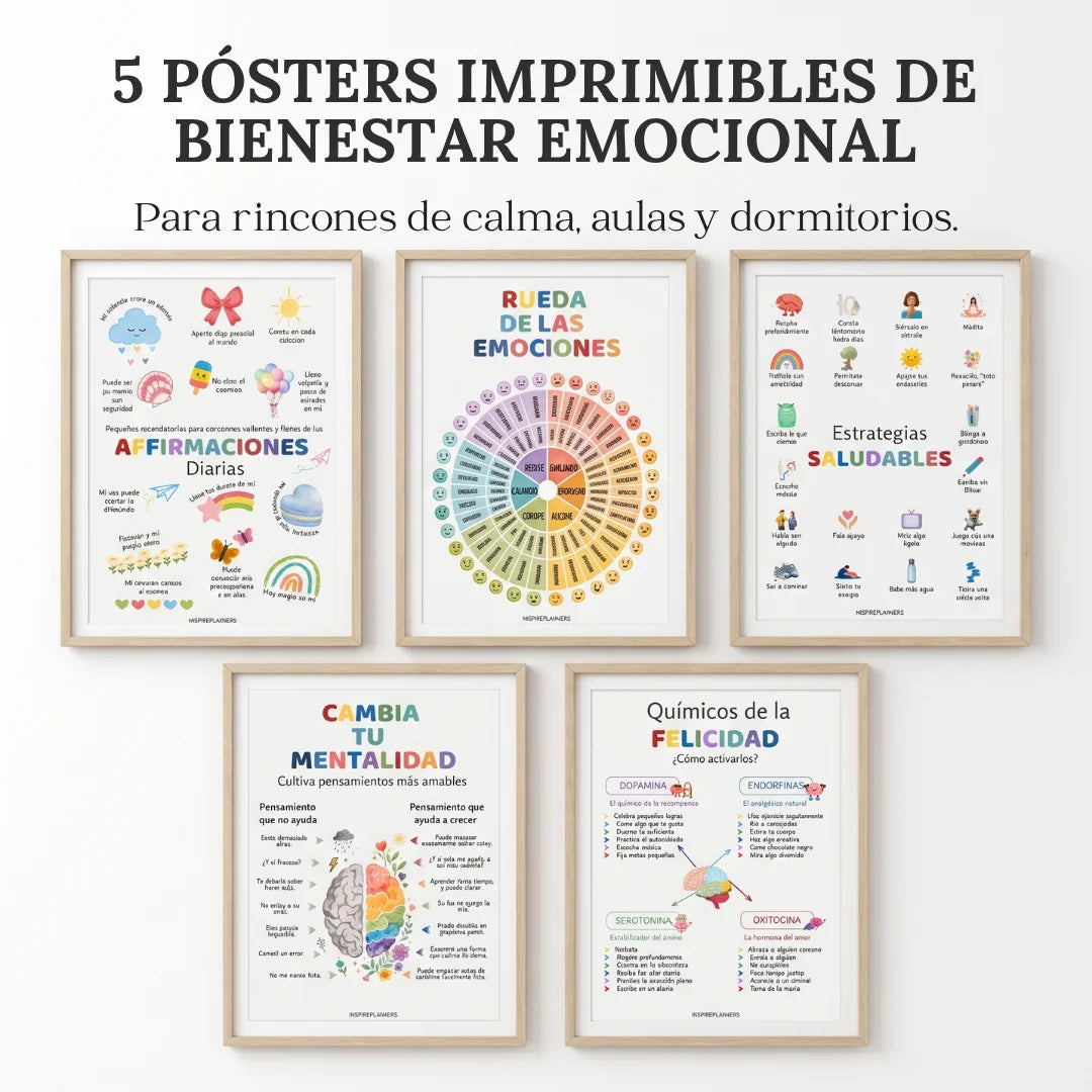 5 Pósters de Bienestar Emocional — Rincones de Calma, Aulas, Terapia y Hogares (Spanish)