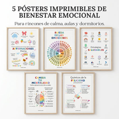 5 Pósters de Bienestar Emocional — Rincones de Calma, Aulas, Terapia y Hogares (Spanish)