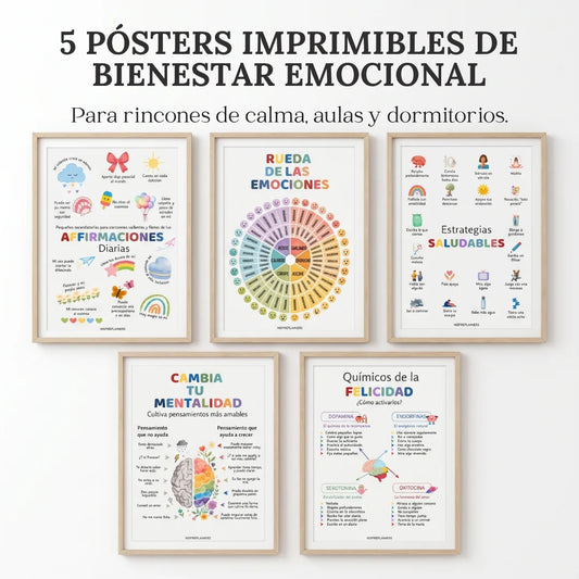 5 Pósters de Bienestar Emocional — Rincones de Calma, Aulas, Terapia y Hogares (Spanish)