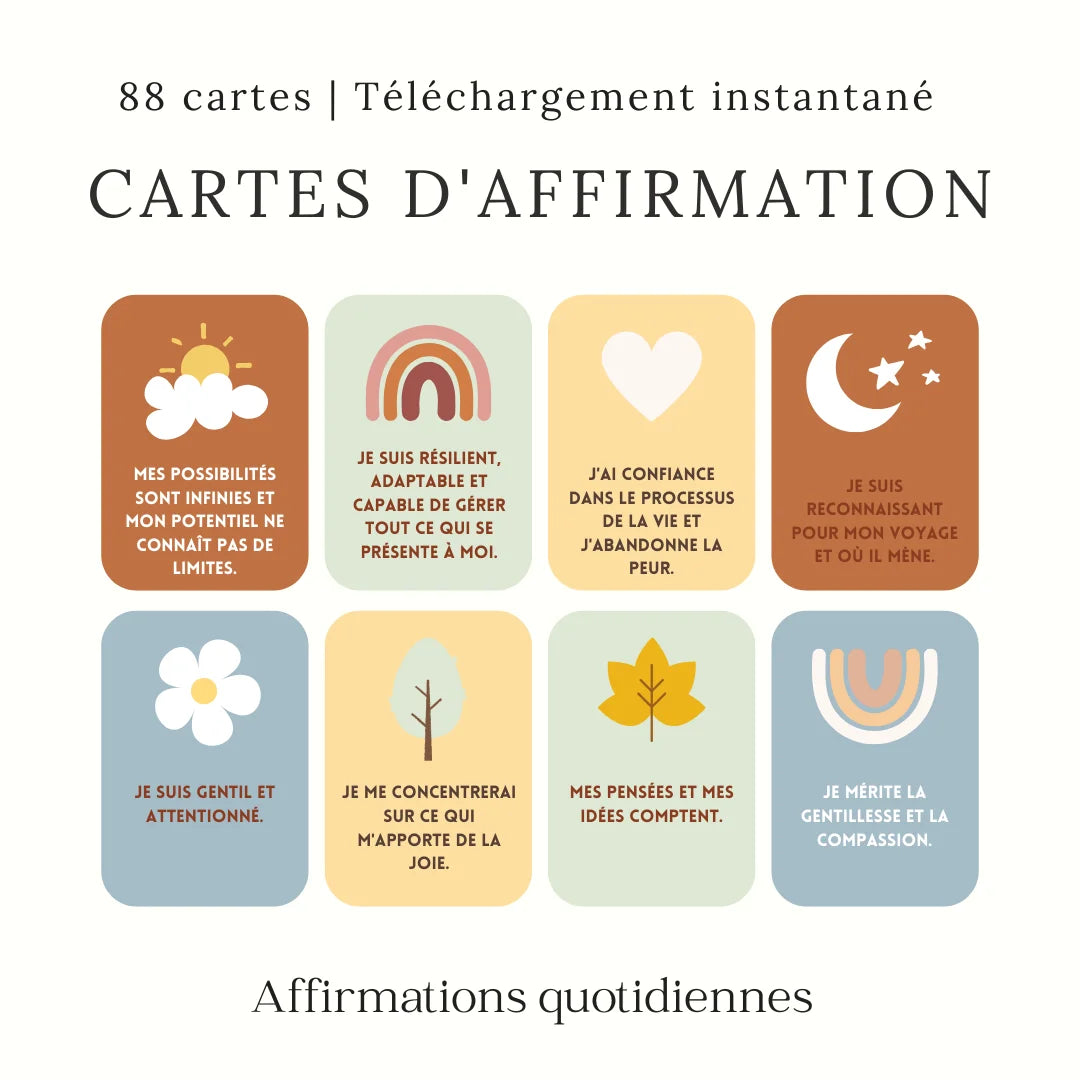 Pack Ultime de Fiches D'Exercices de Santé Mentale, Planificateur de Vie Pour TDAH et Ensemble de 88 Cartes D'Affirmation Positive - French