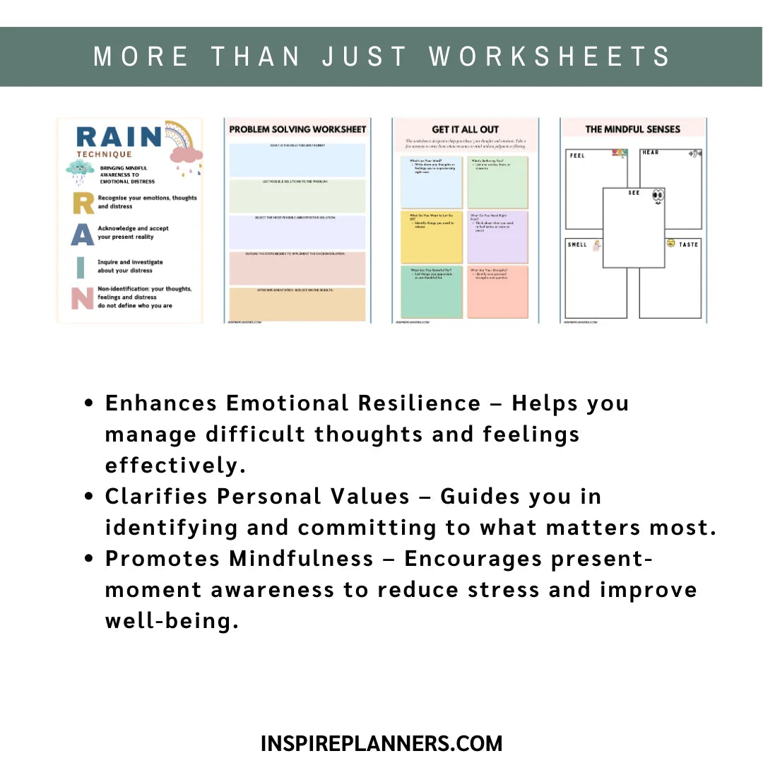 The “Acceptance and Commitment Therapy (ACT) Worksheets – Path to Acceptance (English)” infographic features worksheet previews and highlights benefits such as building emotional resilience, clarifying values, and practicing mindfulness. Website link included.