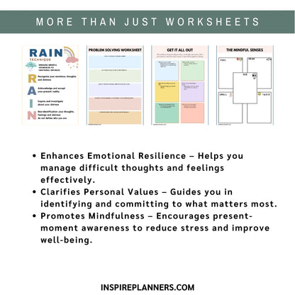 The “Acceptance and Commitment Therapy (ACT) Worksheets – Path to Acceptance (English)” infographic features worksheet previews and highlights benefits such as building emotional resilience, clarifying values, and practicing mindfulness. Website link included.