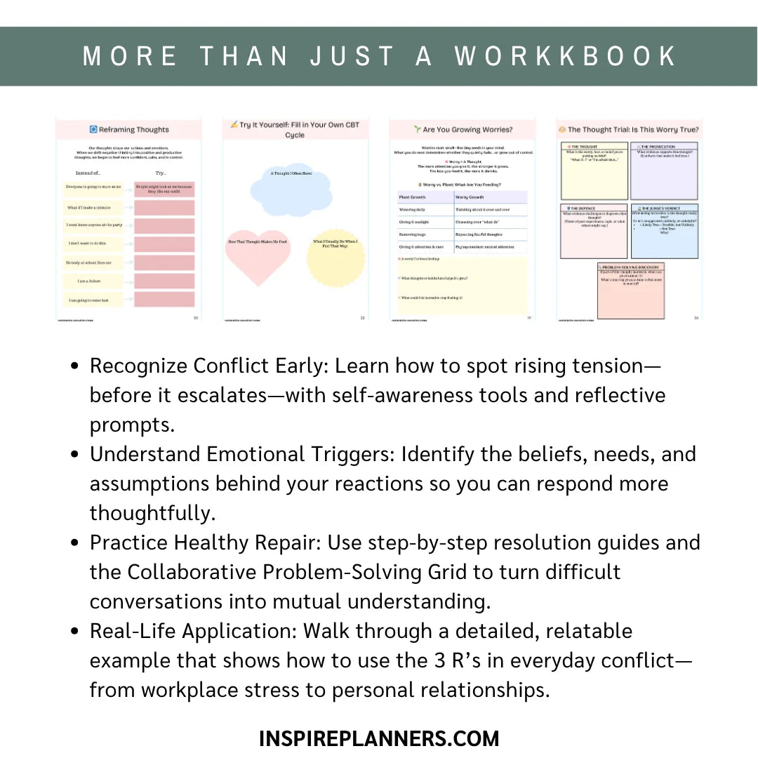 Workbook pages with self-awareness tools and reflective prompts, featuring text about conflict resolution and emotional triggers.