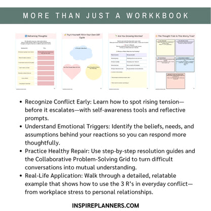Workbook pages with self-awareness tools and reflective prompts, featuring text about conflict resolution and emotional triggers.