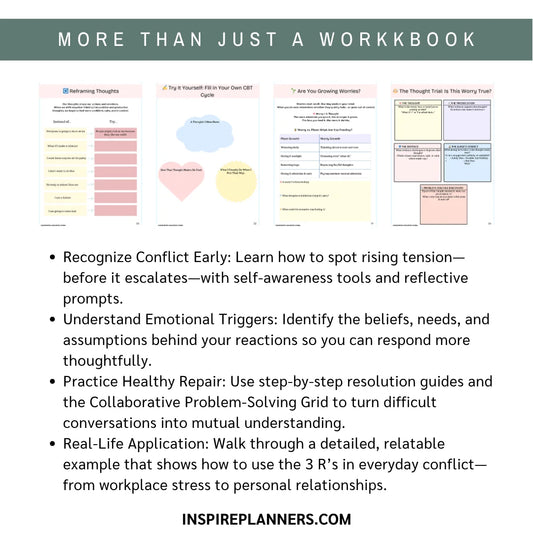 Workbook pages with self-awareness tools and reflective prompts, featuring text about conflict resolution and emotional triggers.