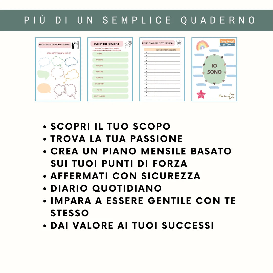 A graphic features four colorful planner pages from the Quaderno di Lavoro per l’Autostima - Italian and a list in Italian promoting crescita personale: scoprire lo scopo, trovare la passione, pianificare sui punti di forza, e celebrare i successi.