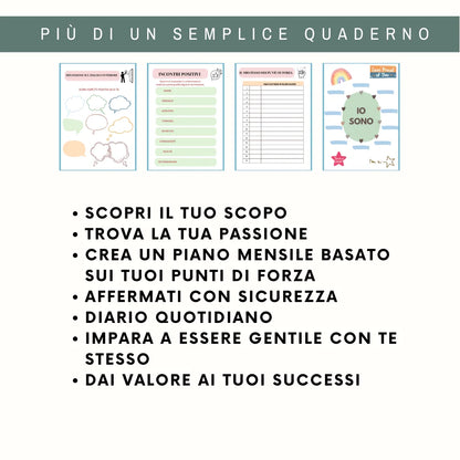 A graphic features four colorful planner pages from the Quaderno di Lavoro per l’Autostima - Italian and a list in Italian promoting crescita personale: scoprire lo scopo, trovare la passione, pianificare sui punti di forza, e celebrare i successi.