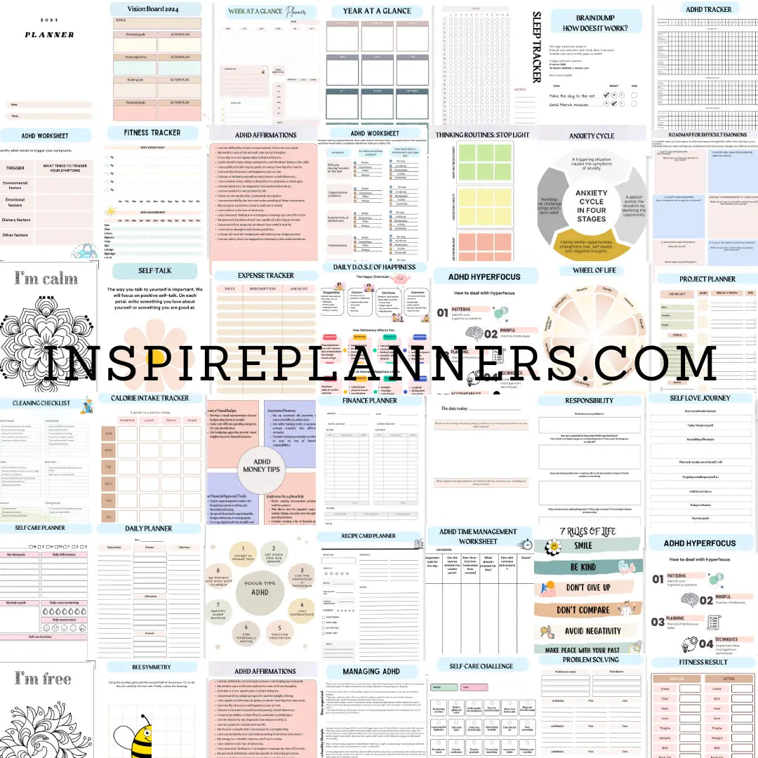 A collage of planner and workbook pages from the Ultimate ADHD Planner And Worksheets (Kids and Adults) - English, featuring trackers, checklists, worksheets, affirmations, and goals, with INSPIREPLANNERS.COM across the center.