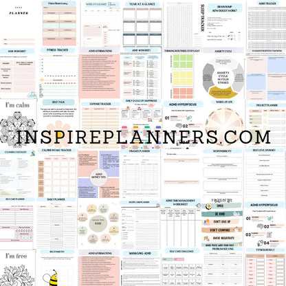 A collage of planner and workbook pages from the Ultimate ADHD Planner And Worksheets (Kids and Adults) - English, featuring trackers, checklists, worksheets, affirmations, and goals, with INSPIREPLANNERS.COM across the center.