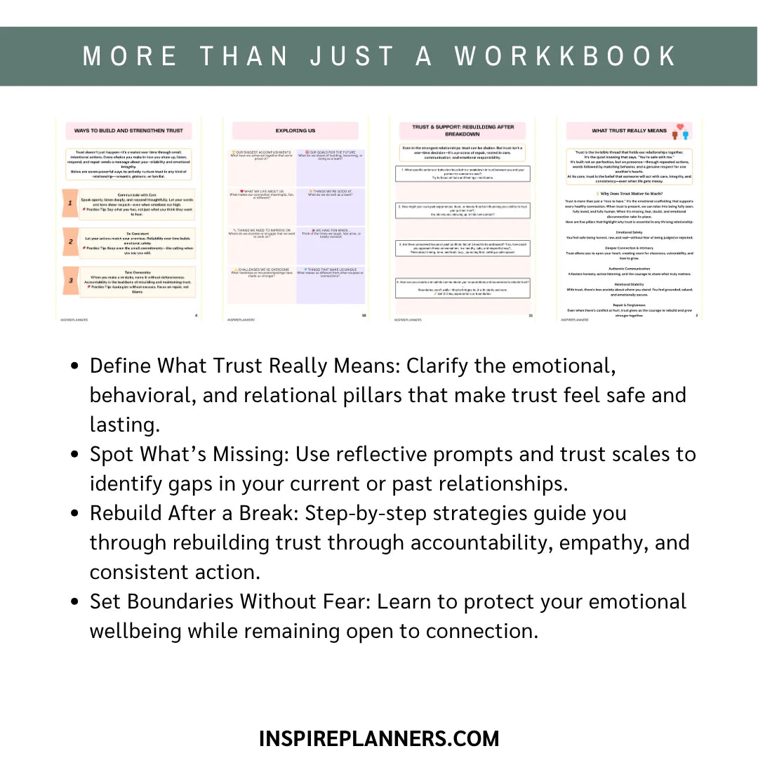 Workbook pages with text on trust and relationship building, featuring Inspire Planners.com branding.