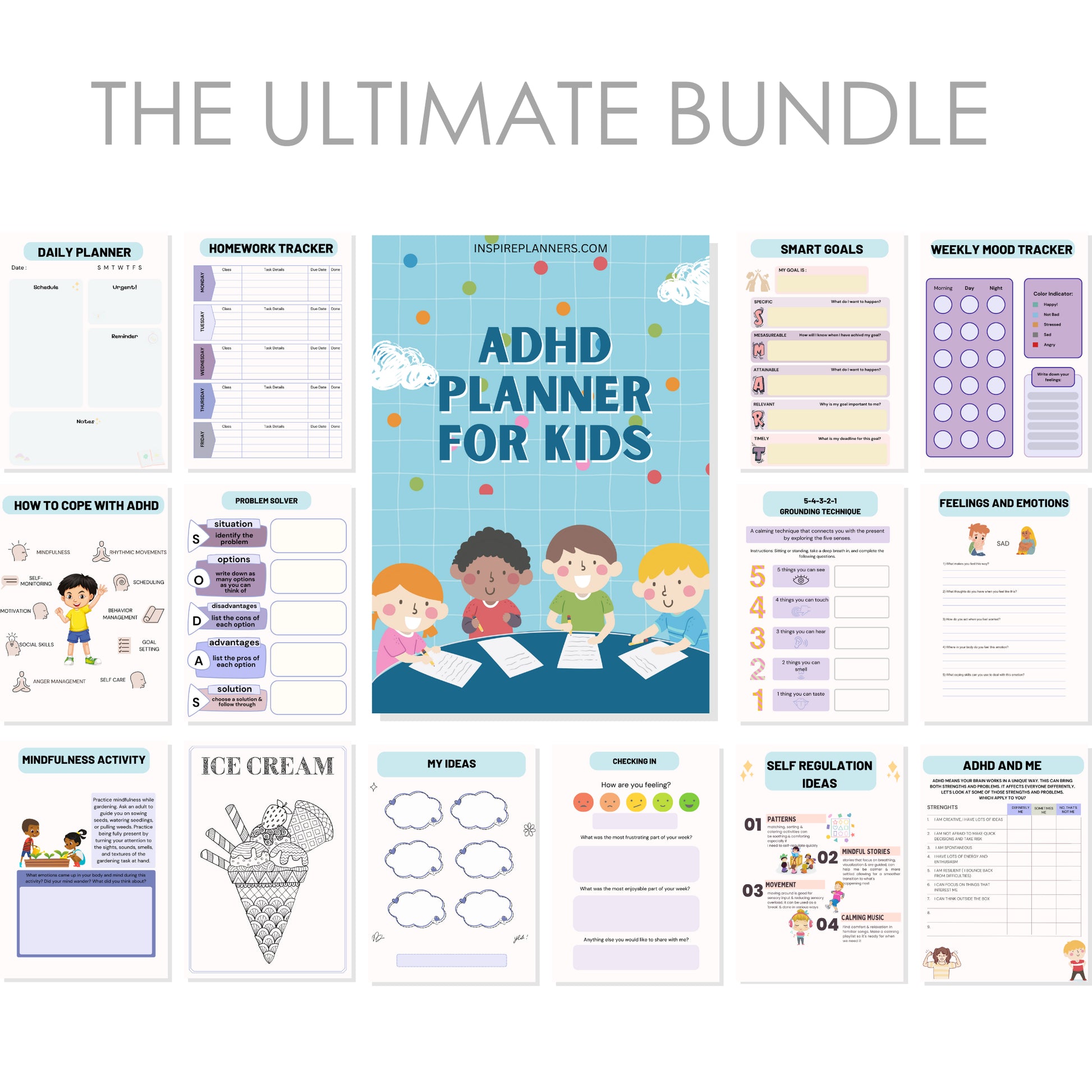 Get a digital preview of the Ultimate ADHD Planner And Worksheets (Kids and Adults) - English, featuring colorful ADHD worksheets for daily planning, homework, self-regulation, emotions, mood tracking, goals, activities, and management tips.