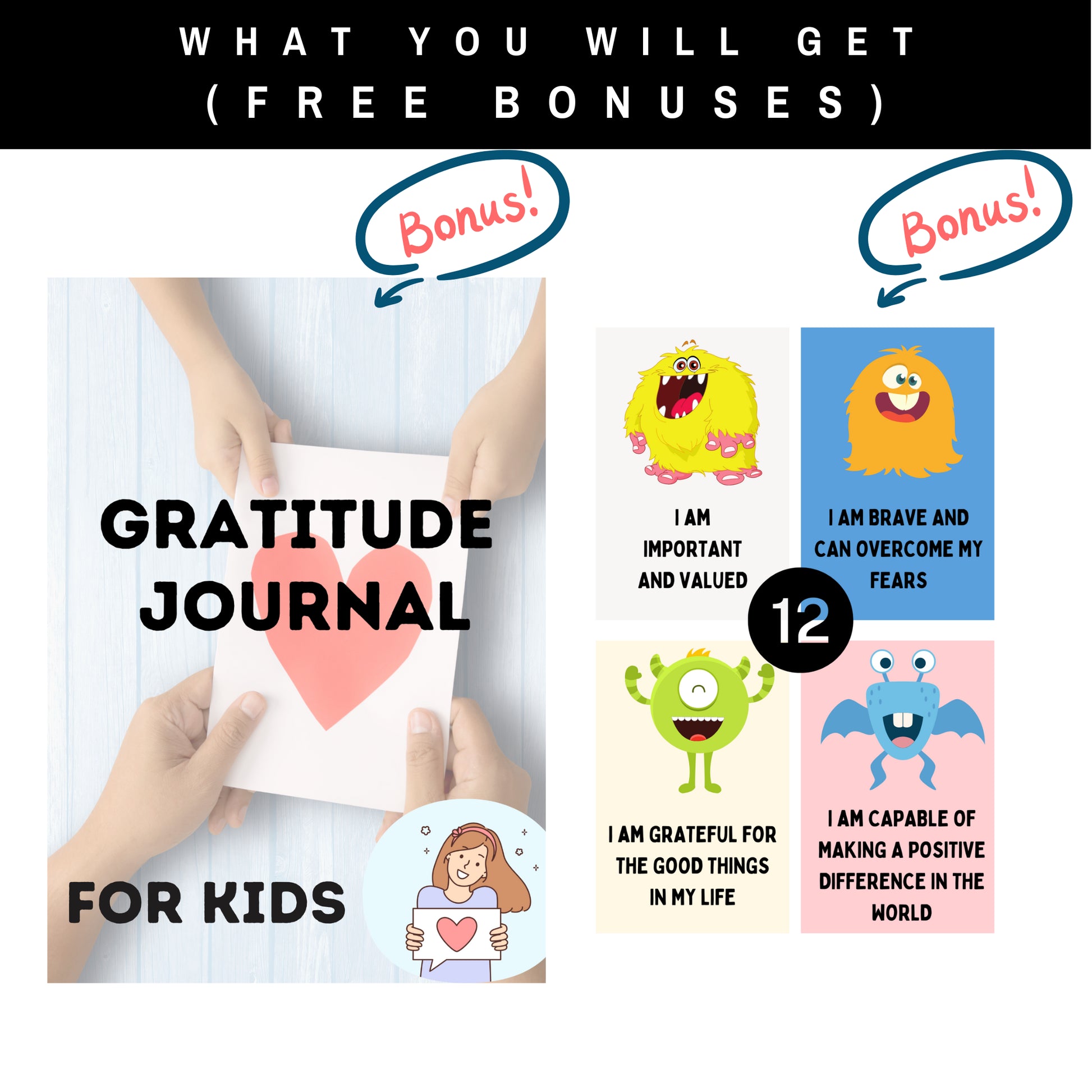 A promotional image for the Ultimate ADHD Planner And Worksheets (Kids and Adults) - English shows hands holding a paper heart, bonus affirmation cards with colorful monsters, plus free ADHD worksheets and other bonuses included.