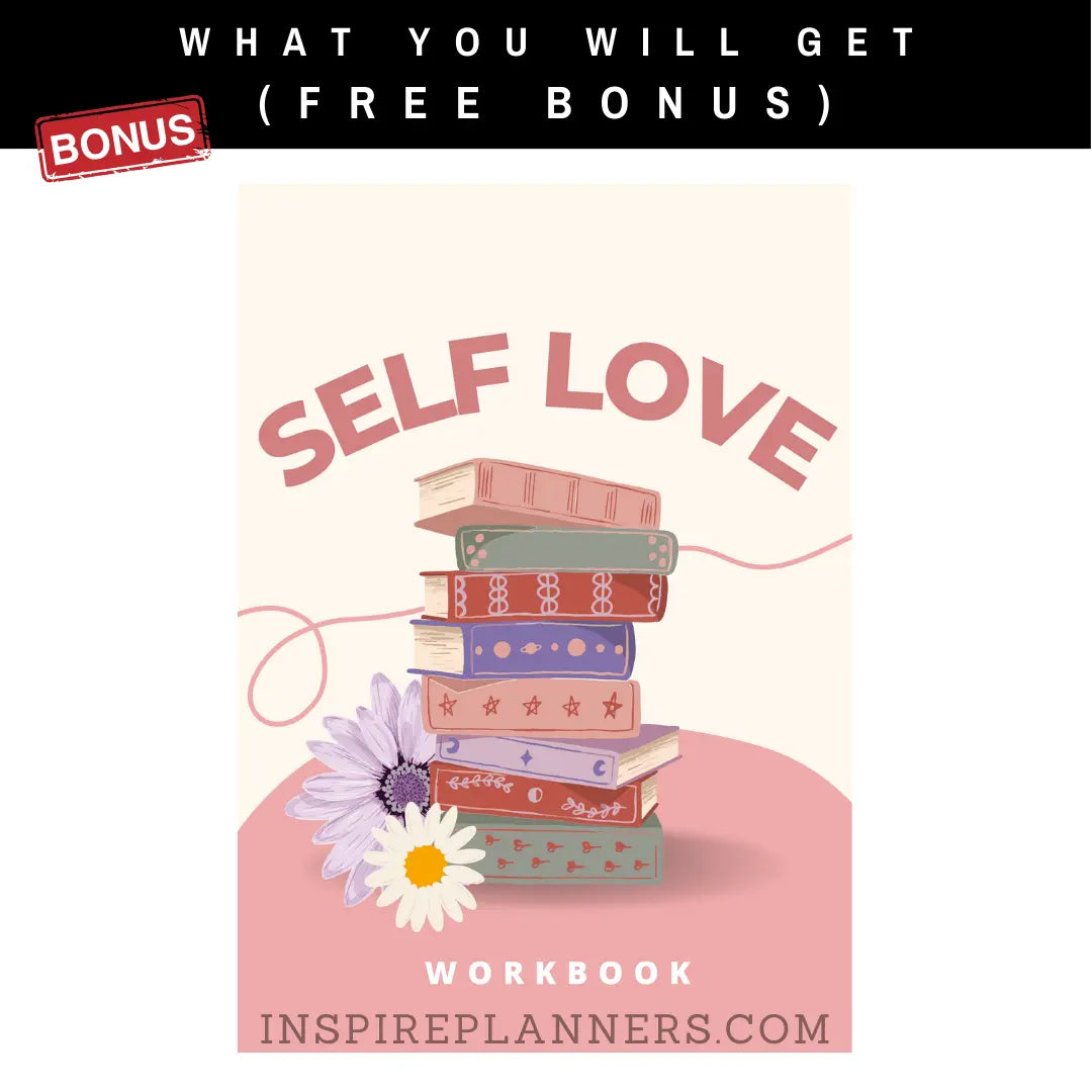 An illustrated stack of colorful books with purple and white daisies in front, titled Ultimate ADHD Planner And Worksheets (Kids and Adults) - English. Text above reads WHAT YOU WILL GET (FREE BONUS). inspireplanners.com appears at the bottom.