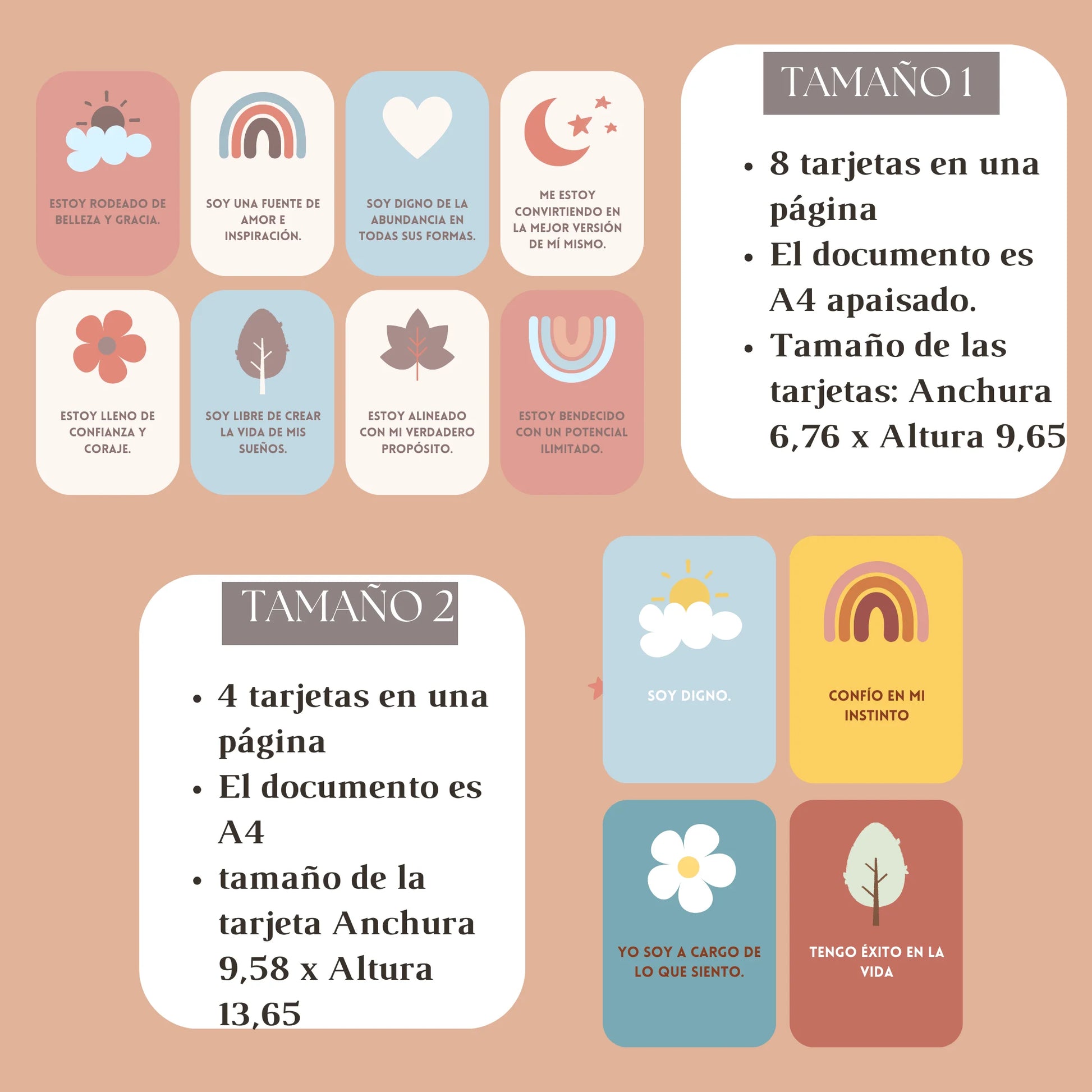 Opciones de tamaño de las tarjetas de afirmaciones positivas: 8 tarjetas por página o 4 tarjetas por página en formato A4.