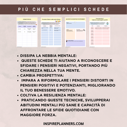 At the top, three pastel worksheets from "Domina la Tua Mente: Un Viaggio tra le Distorsioni Cognitive - Italian" are displayed. Below, Italian text describes how they help riformulare i pensieri negativi and support emotional resilience. Website link at the bottom.