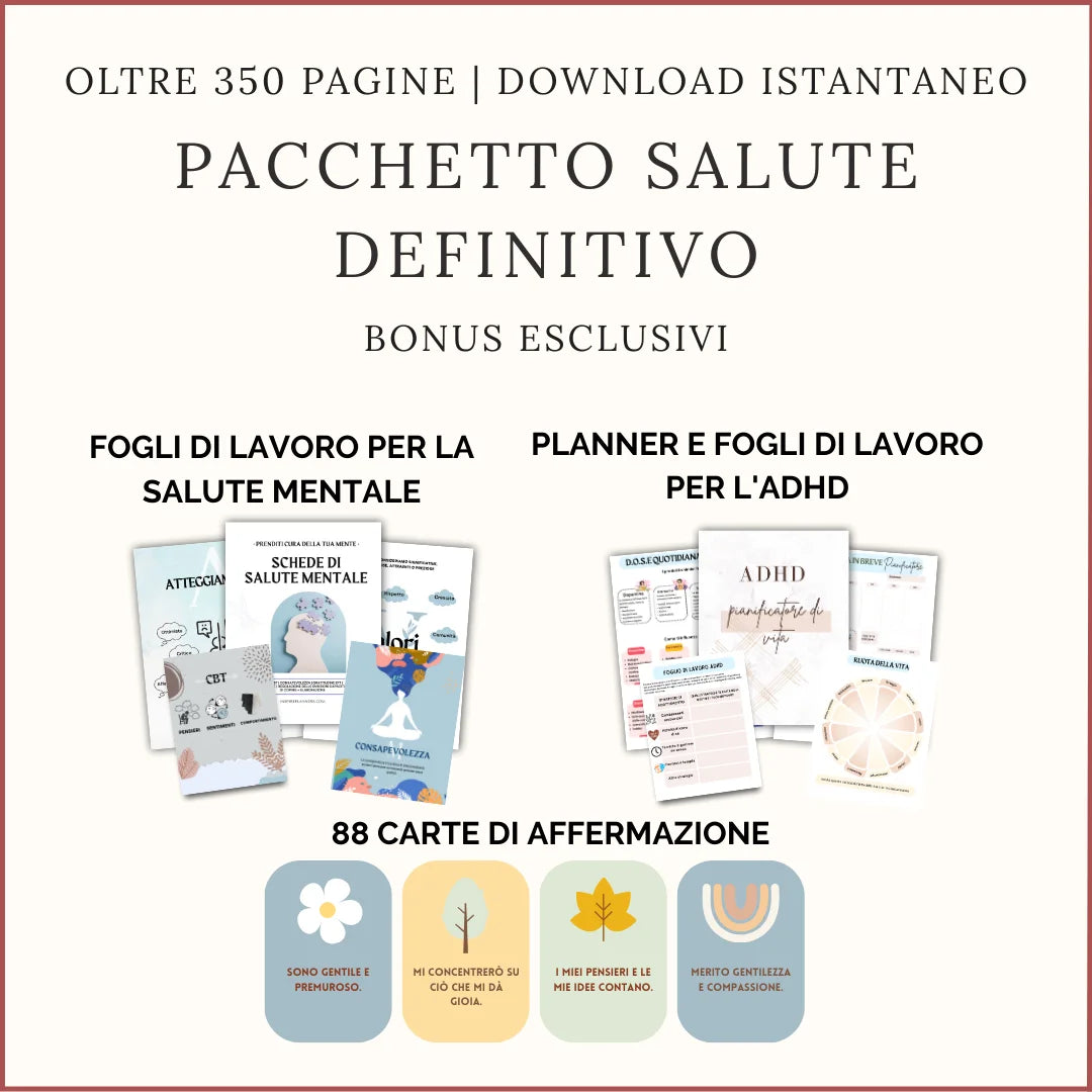 Immagine promozionale del “Pacchetto Ultimate di Schede di Lavoro per la Salute Mentale, Planner per la Vita con ADHD e 88 Carte di Affermazioni Positive”, su sfondo chiaro con testo descrittivo.