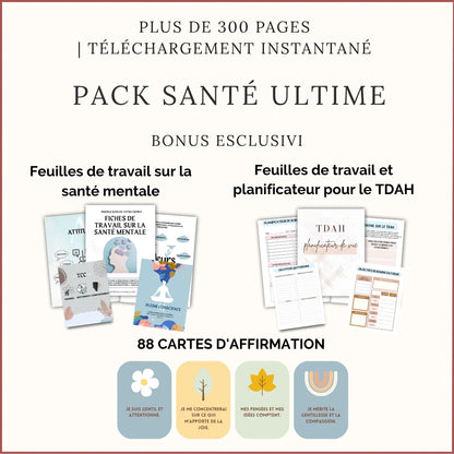Pack Ultime de Fiches D'Exercices de Santé Mentale, Planificateur de Vie Pour TDAH et Ensemble de 88 Cartes D'Affirmation Positive - French