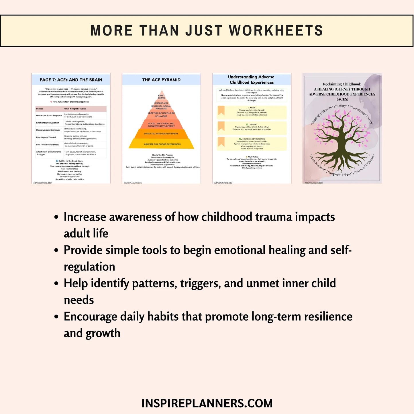 Adverse Childhood Experiences worksheets preview – ACE pyramid, trauma impact tools, and healing exercises to build resilience – printable instant download PDF