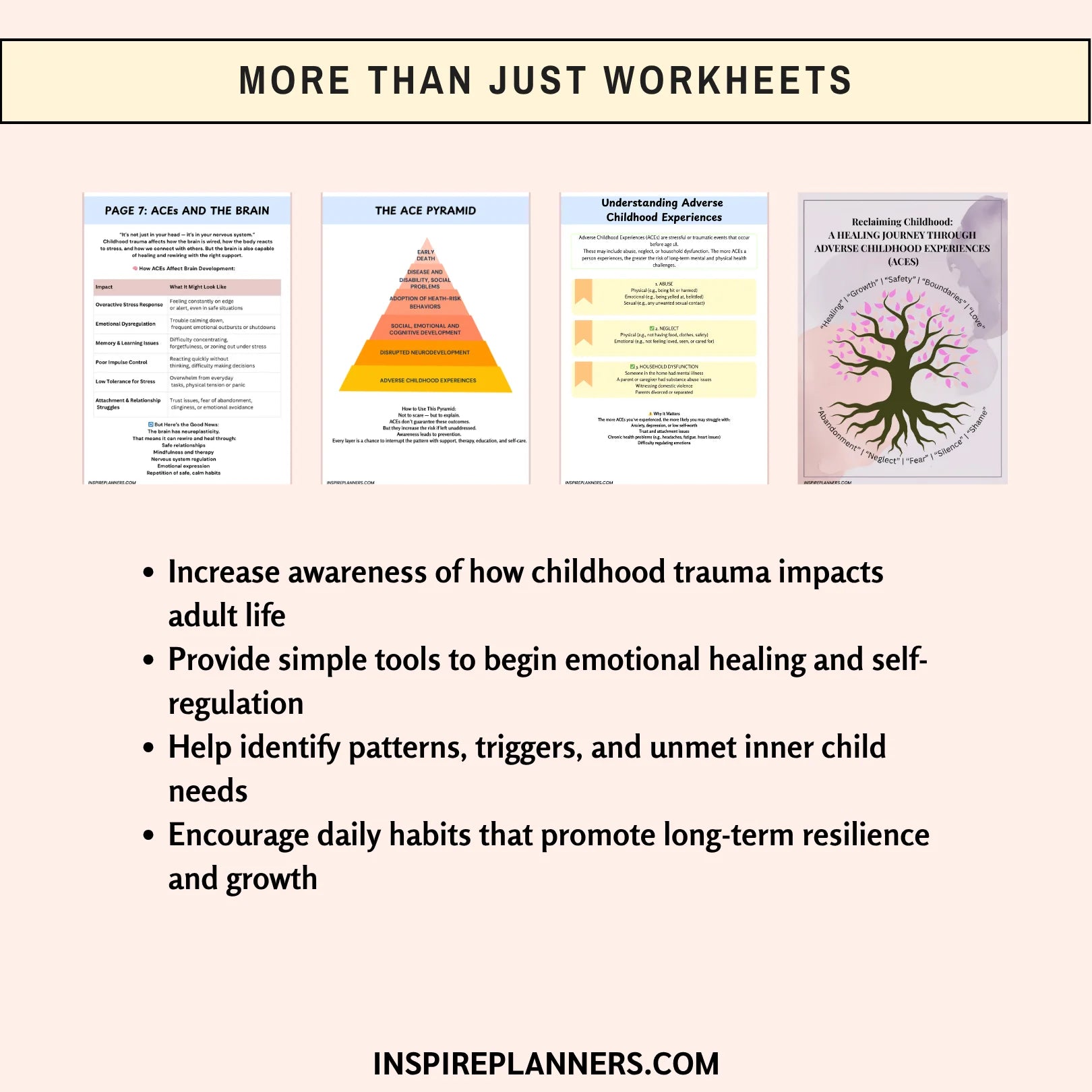 Adverse Childhood Experiences worksheets preview – ACE pyramid, trauma impact tools, and healing exercises to build resilience – printable instant download PDF