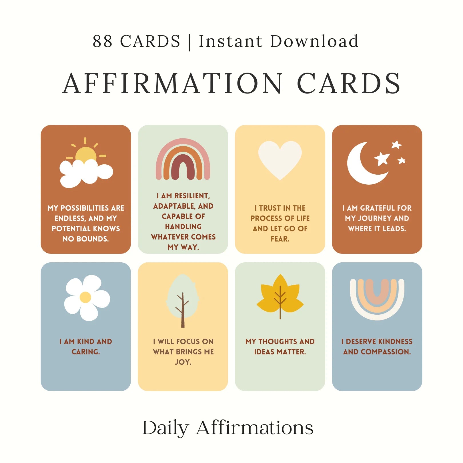 Printable daily affirmation cards bundle with 88 positive quotes for self-confidence, stress relief, and motivation – Inspire Planners