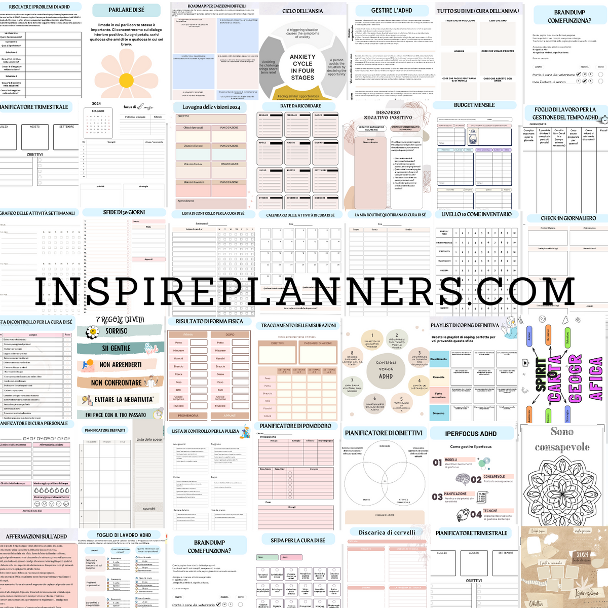 Panoramica delle pagine del planner ADHD in italiano, con calendari, schede per obiettivi, monitoraggio delle abitudini e consapevolezza.
