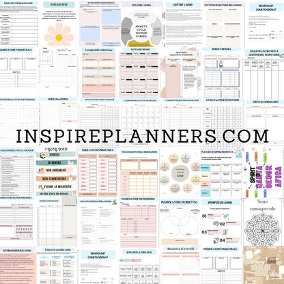Panoramica delle pagine del planner ADHD in italiano, con calendari, schede per obiettivi, monitoraggio delle abitudini e consapevolezza.
