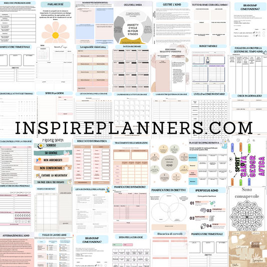 Panoramica delle pagine del planner ADHD in italiano, con calendari, schede per obiettivi, monitoraggio delle abitudini e consapevolezza.