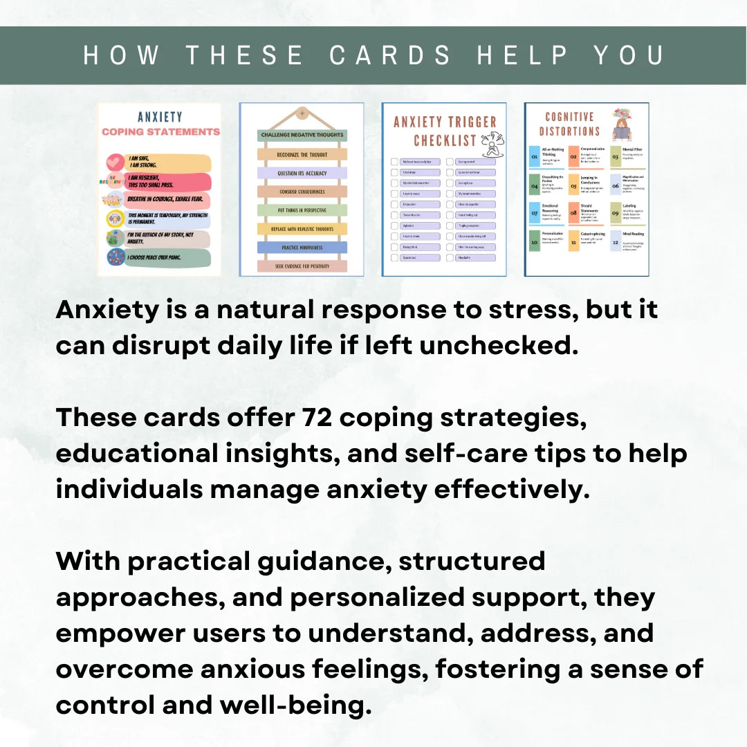 Anxiety coping cards with 72 strategies including coping statements, trigger checklist, and cognitive distortions chart for managing stress