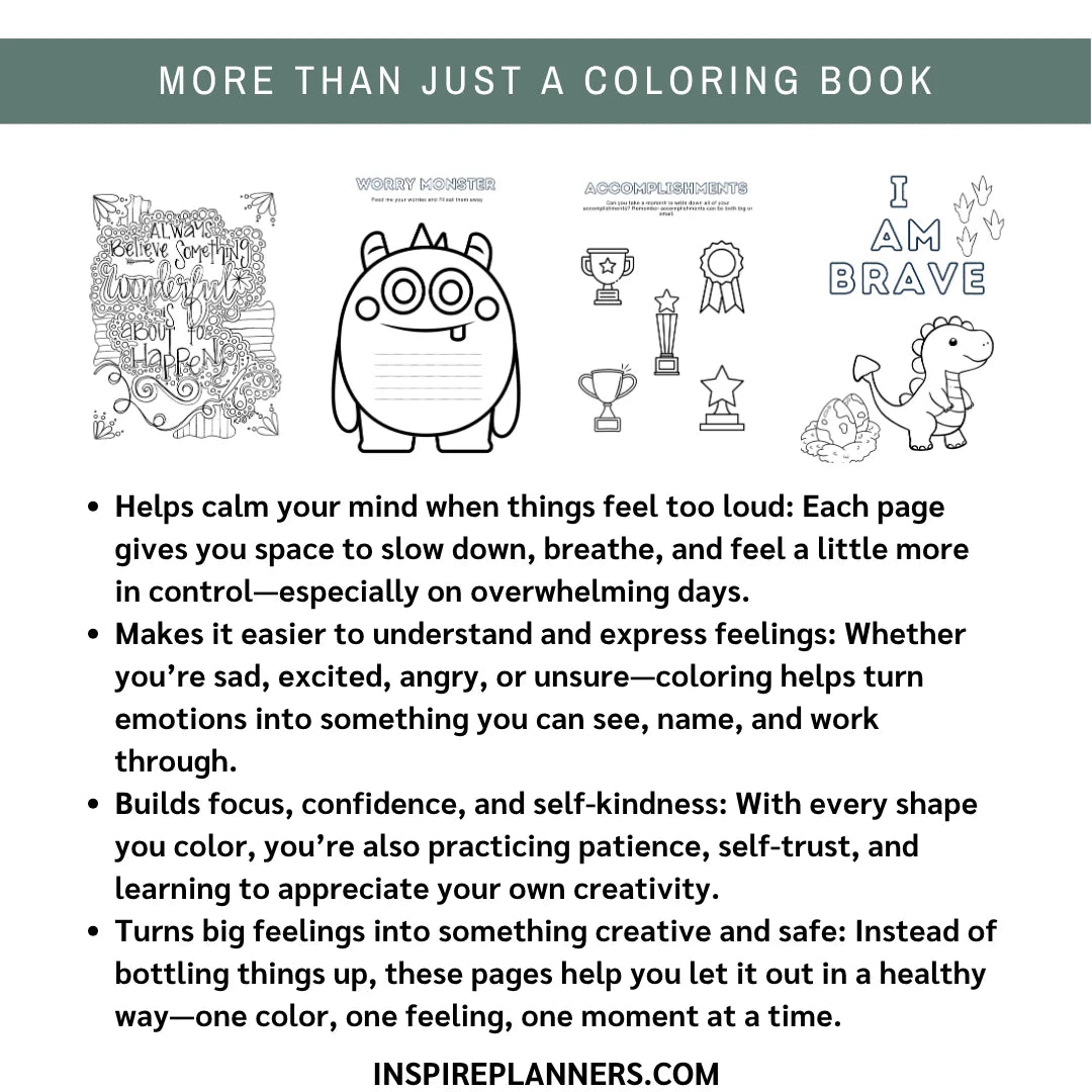 Worry Monster, Accomplishments and I Am Brave activities alongside an inspirational quote coloring page.