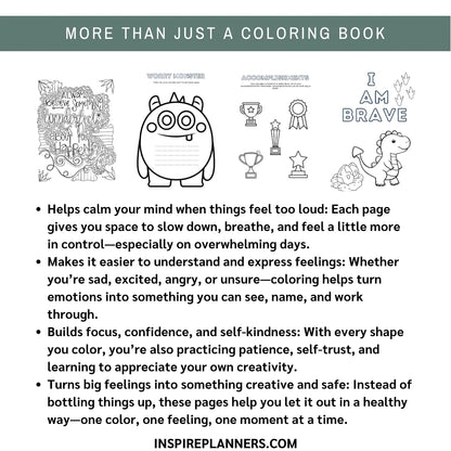 Worry Monster, Accomplishments and I Am Brave activities alongside an inspirational quote coloring page.